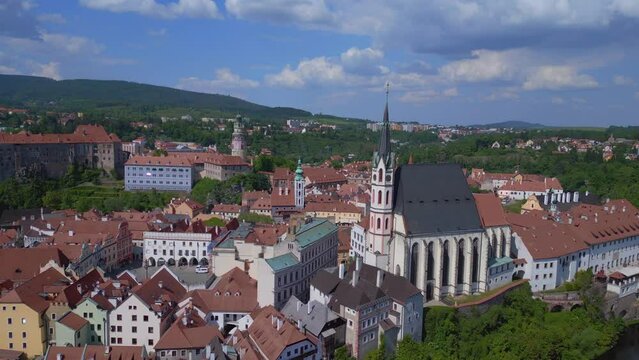 curch aerial top view flight drone. Cesky Krumlov old town moldova river.