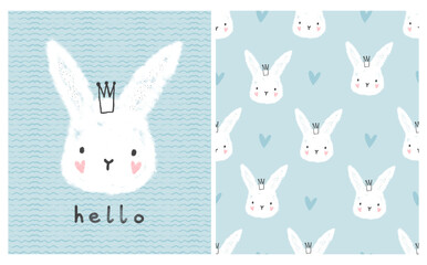 Cute hand drawn fluffy bunny on a pastel blue background with waves texture, kawaii hare with crown and hearts. Kids card and seamless pattern set for decor.