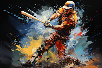 Illustration of baseball player swinging a bat with a background of colorful splatter.. 
This image was created using AI generative technology.	