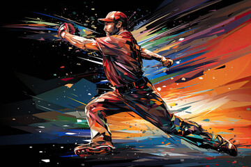 Illustration of baseball player running with a background of color streaks. 
This image was created using AI generative technology.	
