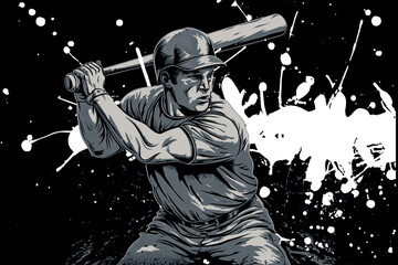 Illustration of baseball player swinging a bat with a background of ink splatter.. 
This image was created using AI generative technology.	
