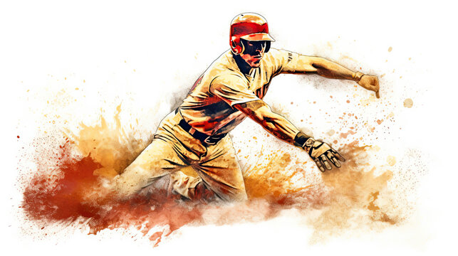Illustration of baseball player sliding into base. with a background of watercolor splatter. 
This image was created using AI generative technology.	