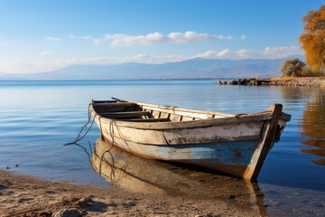 Fototapeta na wymiar a boat sits on the shore of a lake