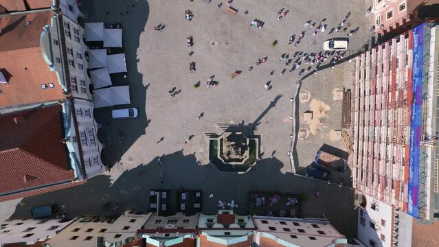 Marvelous aerial top view flight drone. Cesky Krumlov old town moldova river.