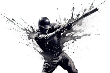 Illustration of baseball player swinging a bat with a background of ink splatter.. 
This image was created using AI generative technology.	