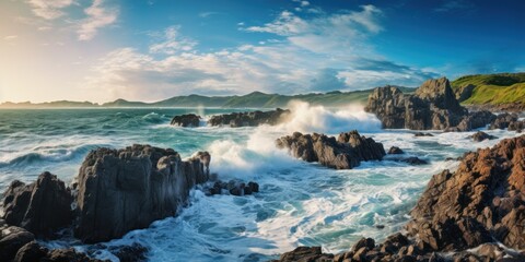 a rocky beach with waves crashing against it