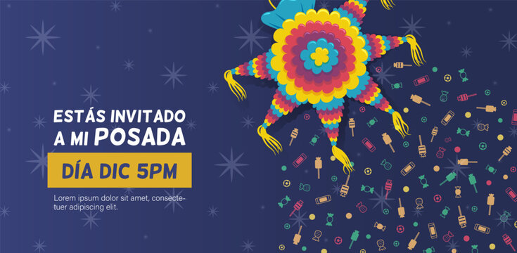 invitaci&oacute;n a fiesta de posada con pi&ntilde;ata y muchos dulces. Banner horizontal de celebraciones de navidad en M&eacute;xico.