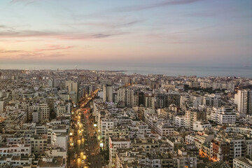 Obraz premium View of the skyline and cityscape of Casablanca city from above before sunset, Morocco