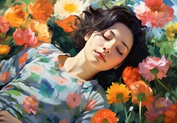 a person lying in a bed of flowers