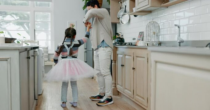Ballet, dance and father with daughter in kitchen for support, love and creative. Happy, ballerina and music with man and young girl dancing in family home for learning, excited or happiness together
