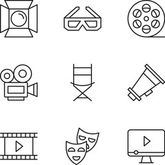 Pack of isolated vector symbols drawn in line style. Editable stroke. Icons of studio light, 3D glasses, loud speaker, theatrical mask, film