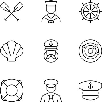 Pack of isolated vector symbols drawn in line style. Editable stroke. Icons of puddles, sailor, steering wheel, seashell, captain, radar, lifeline, hat