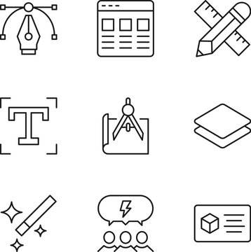 Pack of isolated vector symbols drawn in line style. Editable stroke. Icons of pen, landing page, liner and pencil, t letter, compass, document, staff, business card