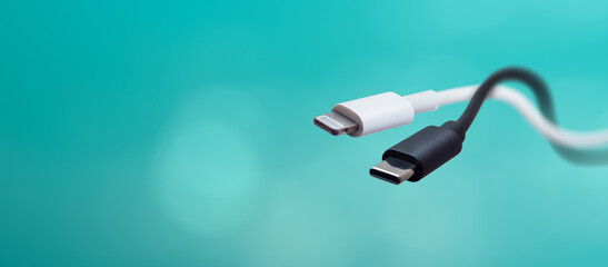 2 usb cables for charging or transmitting data - concept of unifying 2 connectors in 1 - obrazy, fototapety, plakaty