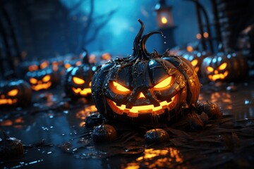 Cute 3d Halloween pumpkins neon luminance glow light style background.