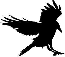 A black raven silhouette, its wings spread to land, on PNG files