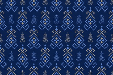 Indigo navy blue geometric traditional ethnic pattern Ikat seamless pattern border abstract design for fabric print cloth dress carpet curtains and sarong Aztec African Indian Indonesian 