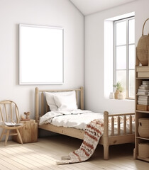 Mockup frame in a modern bedroom with natural wooden furniture, set against a Farmhouse-style interior background, presented as a 3D render. Created with Generative AI technology