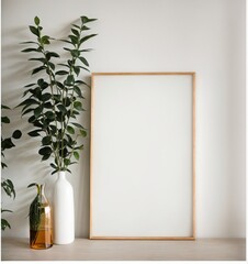 empty horizontal frame mockup in modern minimalist interior with plant in trendy vase on white wall background. Template for artwork, painting, photo or poster	

