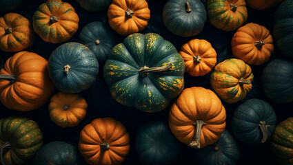 Top view of harvest pumpkins background
