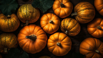 Top view of harvest pumpkins background