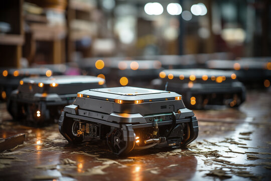 Smart transporter robots are deployed on the floor of a blurred warehouse, utilizing automated inventory management technology to streamline logistics operations and improve delivery efficiency