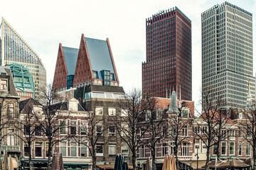 View of the skyline of The Hague with government and business towers, The Netherlands
