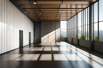 Attic room empty room with nature view 3d render, There is polished concrete floor and walls, black steel structure, There are big windows looking out to see nature, sunlight shines into the room.