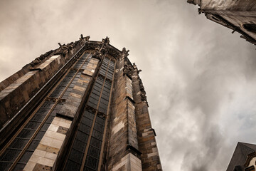 Panorama of Aachen Cathedral seen from below. Aachen Cathedral, or Aachener Dom, is the main...