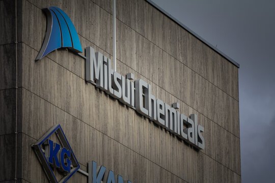 DUSSELDORF, GERMANY - NOVEMBER 7, 2022: Mitsui Chemicals logo on their office for Germany in Dusseldorf. Part of Mitsui Corporation, it's a Japanese chemical corporation spread worldwide.
