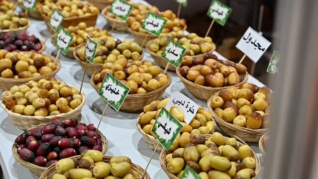Varieties of fresh Emirati Dates are displayed during the Dates Festival in the United Arab Emirates.