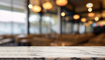 marble table top with blurred abstract cafe restaurant interior background