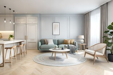 Fototapeta premium interior design spacious bright studio apartment in Scandinavian style and warm pastel white and beige colors. trendy furniture in the living area and modern details in the kitchen. 3d render