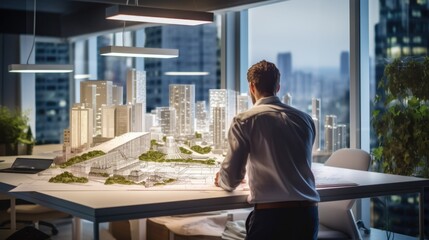 architect working on a blueprint in a modern office generative ai