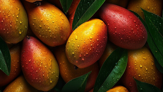 Top view of bright ripe fragrant mangos with water drops background