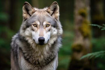 Portrait of a wolf in a forest. The wolf is facing the camera and has a neutral expression. The wolf has a gray and white coat with a black nose and yellow eyes - Powered by Adobe