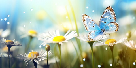 wild flowers on field at morning,dew drops and butterfly nature landscape 