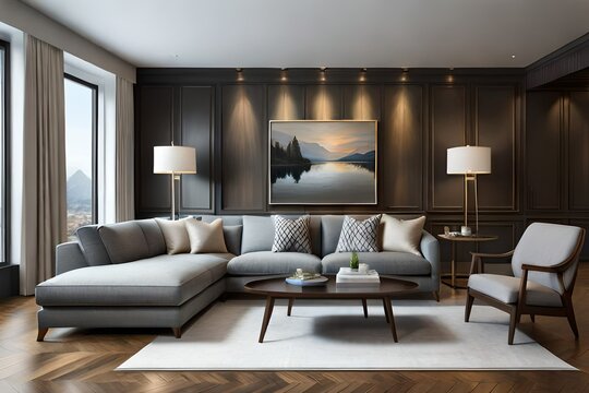 The living room interior in gray and brown tones features a gray sofa on a dark wood floor facing a stone fireplace with built-in shelves. Modern living room