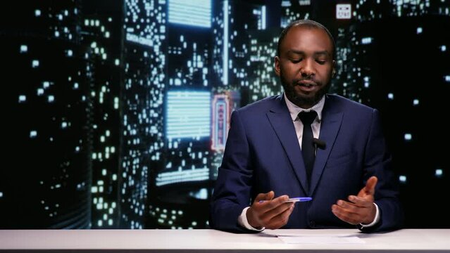 Talk show host does news report late at night, presenting global events and breaking news for entertainment segment. African american newscaster discussing about international issues and scandals.