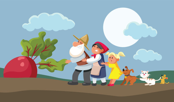 The Gigantic Enormous Turnip Vector Cartoon Fairytale Illustration. Family working together doing to harvest big organic vegetable in folklore story  
