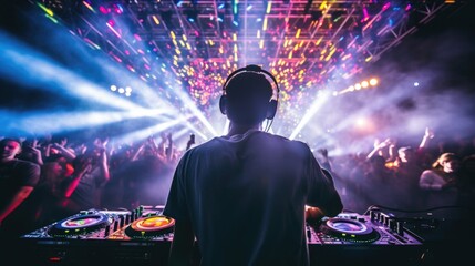 DJ mixing tracks in a nightclub, generative ai - obrazy, fototapety, plakaty