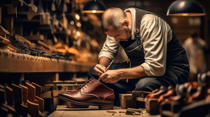 shoemaker crafting a shoe in a traditional workshop, generative ai - obrazy, fototapety, plakaty