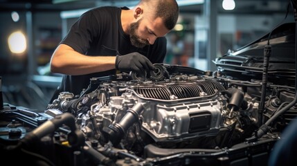 mechanic working on a car engine in a garage, generative ai