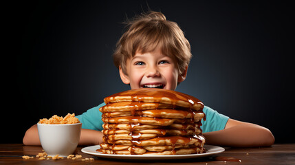 Delightful Moment: Child Enjoying Towering Stack of Pancakes with Butter and Maple Syrup in Wholesome Breakfast Scene