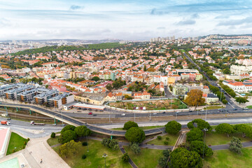Fototapeta na wymiar Aerial view of the skyline and cityscape of Lisbon from the coast, Lisbon, Portugal