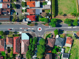 Panoramic Aerial Drone view of Suburban Sydney housing, roof tops, the streets and the parks NSW...