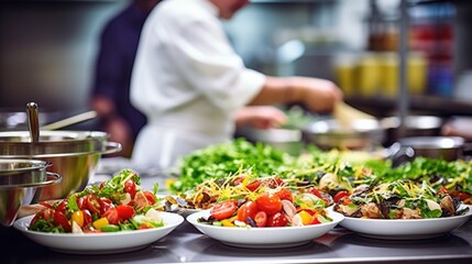 Obraz premium chef preparing a gourmet meal in a bustling restaurant kitchen generative ai