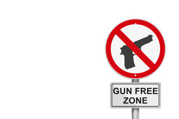 Gun Free Zone, road sign concept with banned gun illustration, on isolated background, and editable blank space - obrazy, fototapety, plakaty