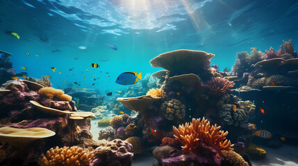 beautiful underwater scenery with various types of fish and coral reefs
