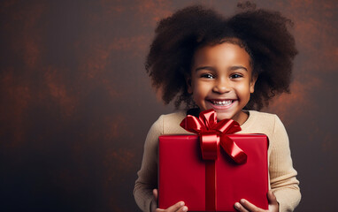 Black african american dark-skinned happy little smiling girl with Christmas gift box at home. Holidays and celebration concept